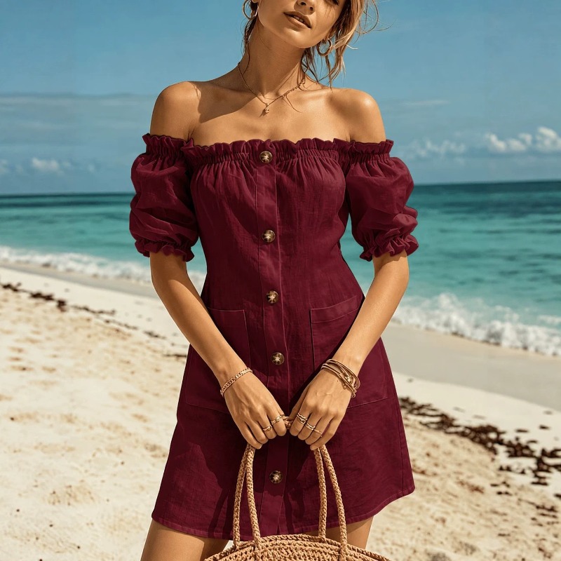 Women Off Shoulder Mini Dress  - đánh giá và giá Off Shoulder Puff Sleeve Sundress