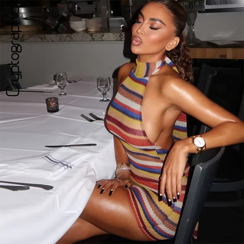 Striped Knit Halter Mini Dress - đánh giá và giá Y2K Backless Halter Mini Dress
