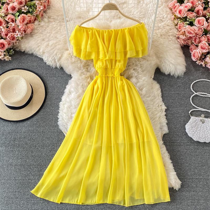 Yellow Solid Women's Beach Dre - đánh giá và giá Off Shoulder Puff Sleeve Sundress