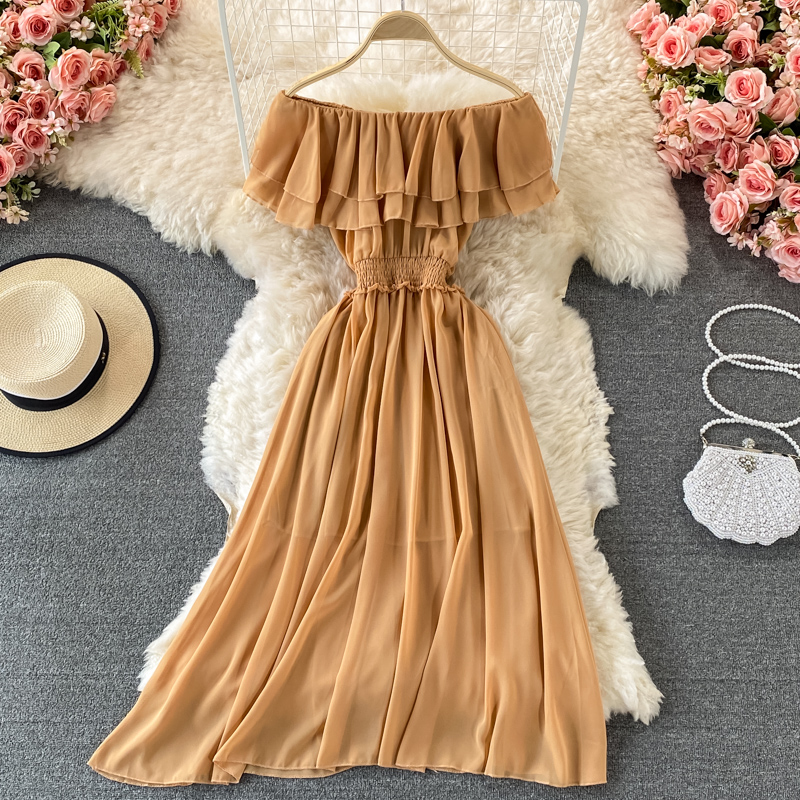 Yellow Solid Women's Beach Dre - đánh giá và giá Off Shoulder Puff Sleeve Sundress