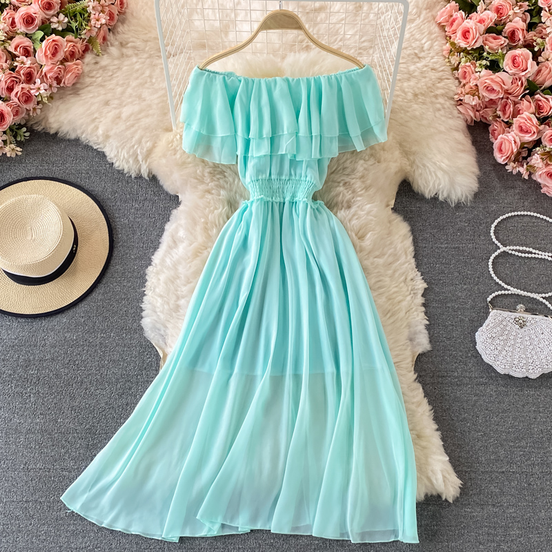 Yellow Solid Women's Beach Dre - đánh giá và giá Off Shoulder Puff Sleeve Sundress