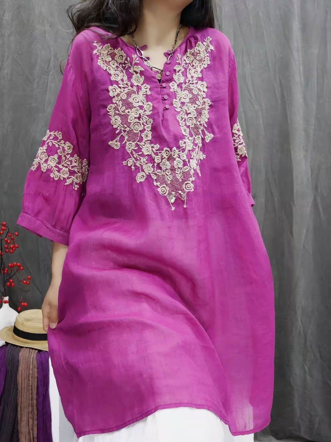 Retro Cotton Linen Embroidered - đánh giá và giá Casual Loose Linen Shirt Dress