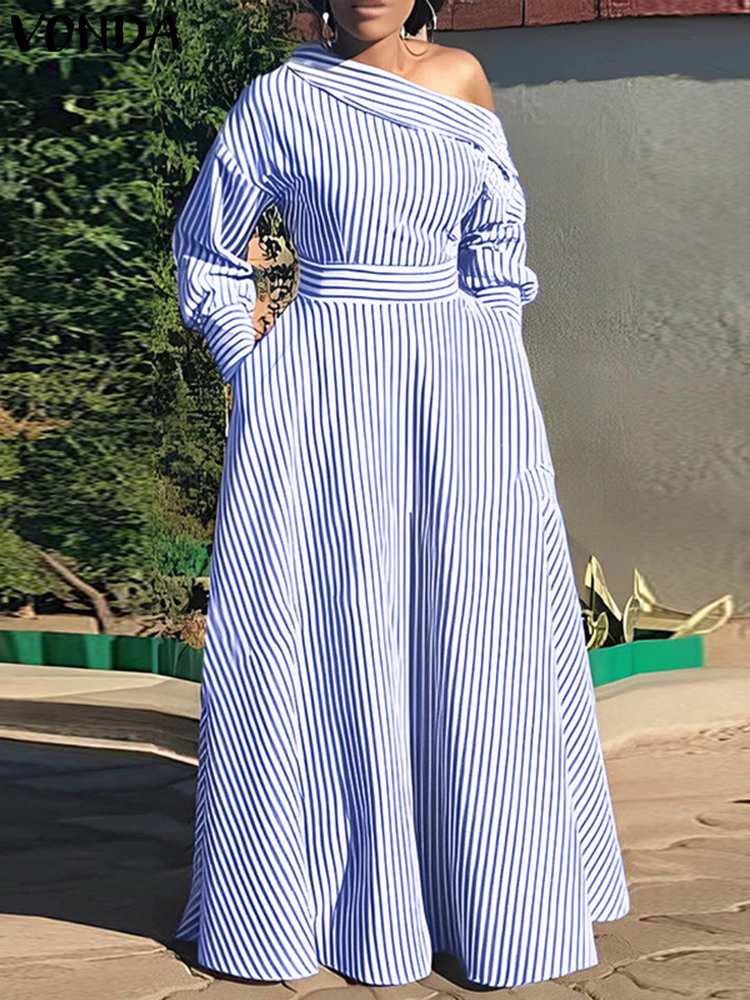 VONDA 2024 Women Elegant Strip - đánh giá và giá Off Shoulder Puff Sleeve Sundress