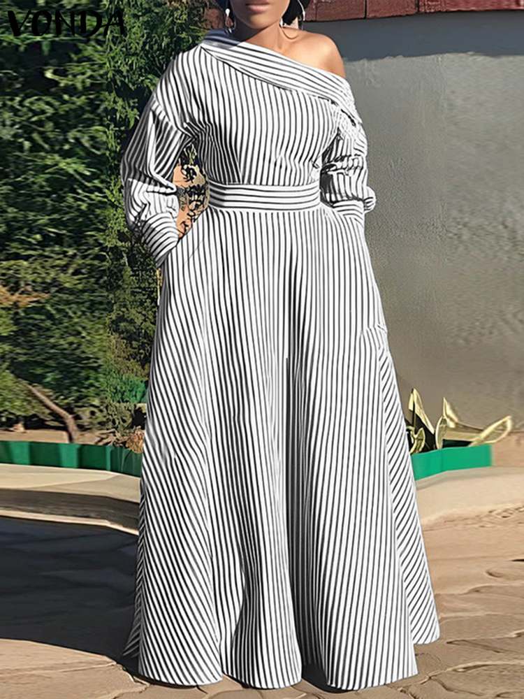 VONDA 2024 Women Elegant Strip - đánh giá và giá Off Shoulder Puff Sleeve Sundress