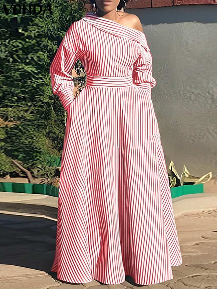 VONDA 2024 Women Elegant Strip - đánh giá và giá Off Shoulder Puff Sleeve Sundress
