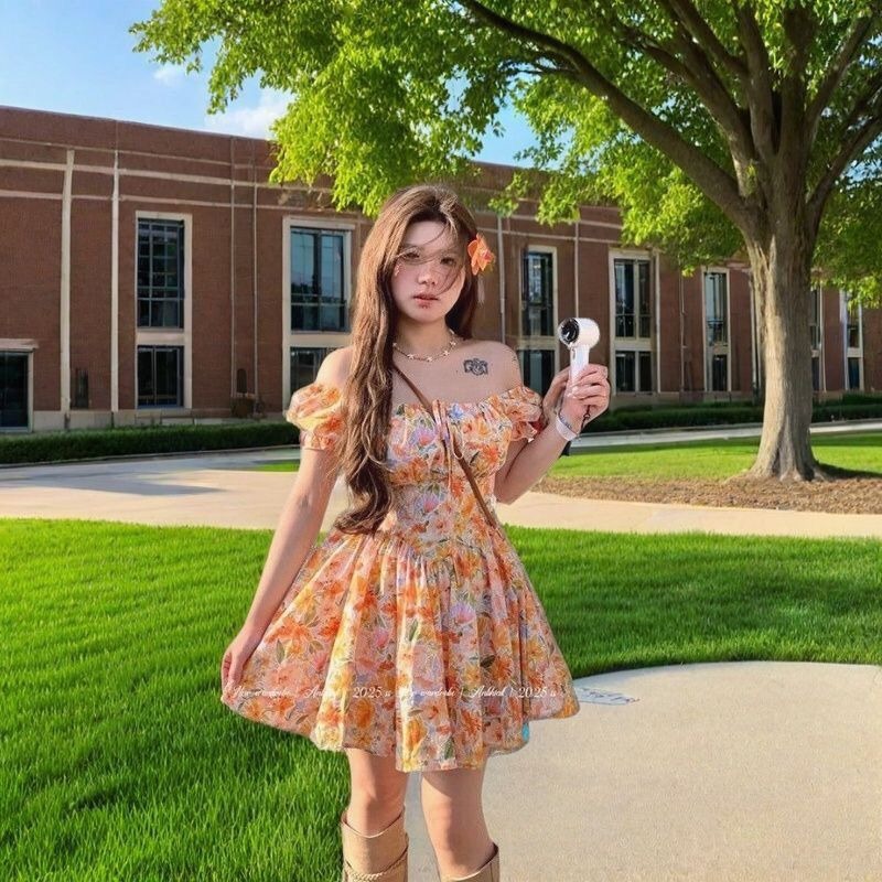 Womens Orange Floral Print Off - đánh giá và giá Off Shoulder Puff Sleeve Sundress