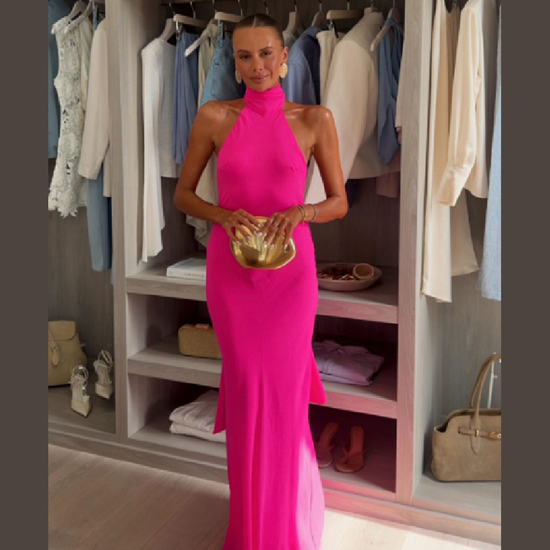Women Halter Satin Maxi Dress  - đánh giá và giá Elegant Satin Evening Gown Split