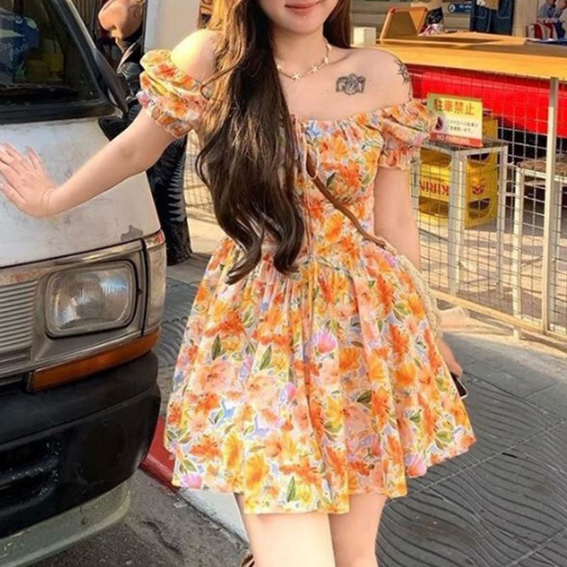 2026 new Orange Floral Print O - đánh giá và giá Off Shoulder Puff Sleeve Sundress