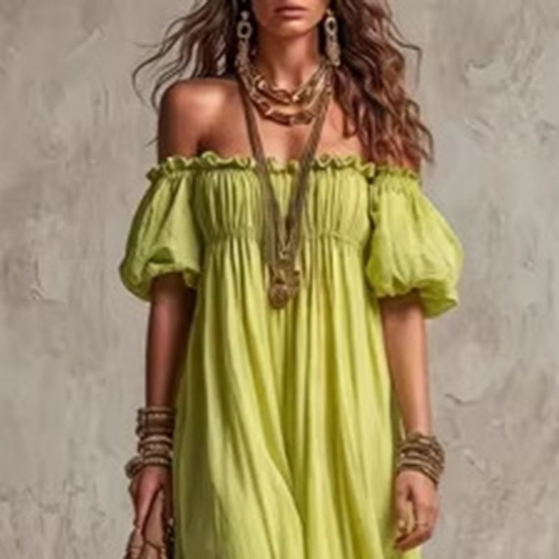 Women Elastic Waist Casual Vac - đánh giá và giá Off Shoulder Puff Sleeve Sundress