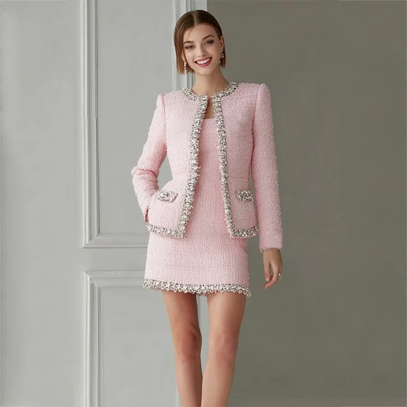 Premium Pink Tweed Women Two-P - đánh giá và giá Tweed Two Piece Blazer Dress