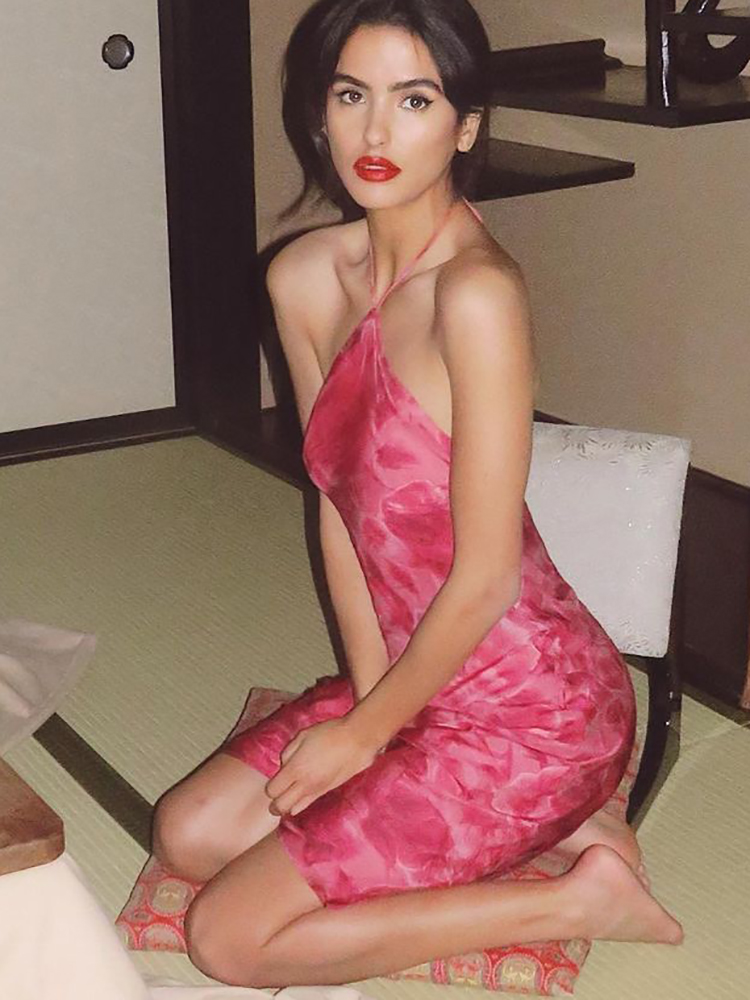 Dulzura Rose Print Lace Up Hal - đánh giá và giá Y2K Backless Halter Mini Dress