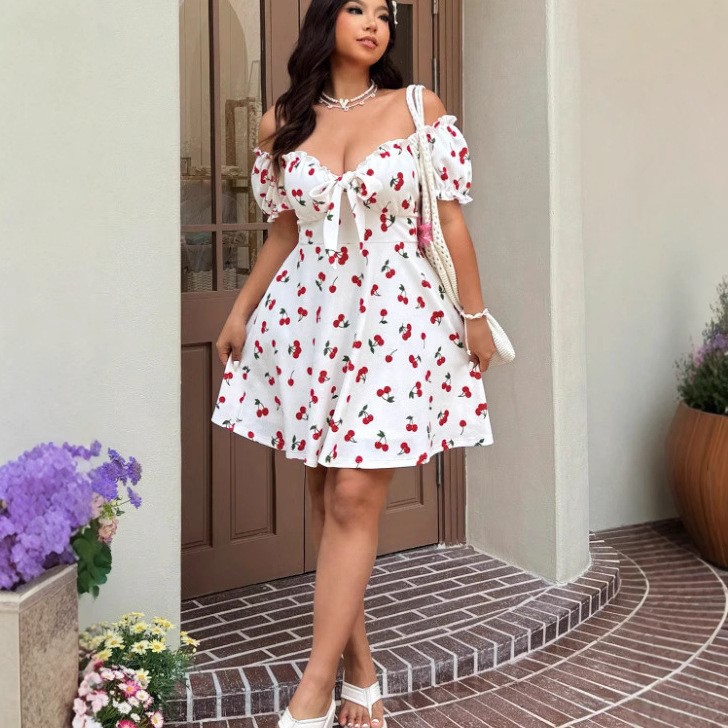 Summer Woman Dress Floral Prin - đánh giá và giá Off Shoulder Puff Sleeve Sundress