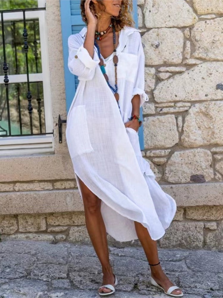 White Women's Shirt Dress Soli - đánh giá và giá Casual Loose Linen Shirt Dress