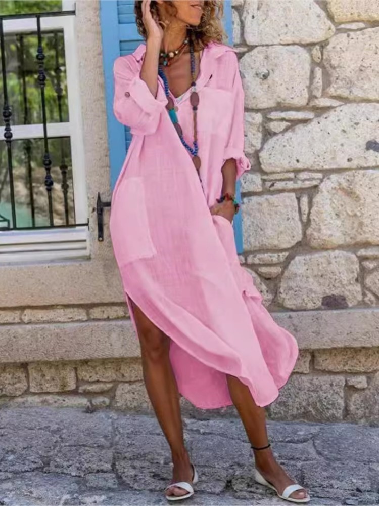 White Women's Shirt Dress Soli - đánh giá và giá Casual Loose Linen Shirt Dress