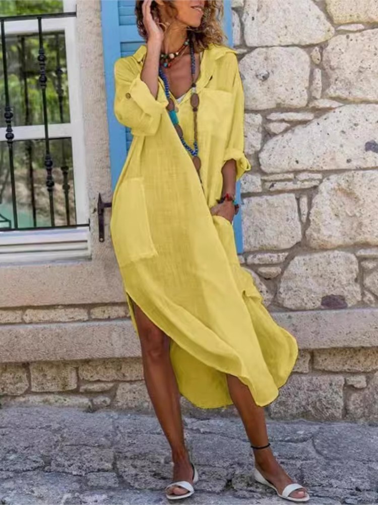 White Women's Shirt Dress Soli - đánh giá và giá Casual Loose Linen Shirt Dress