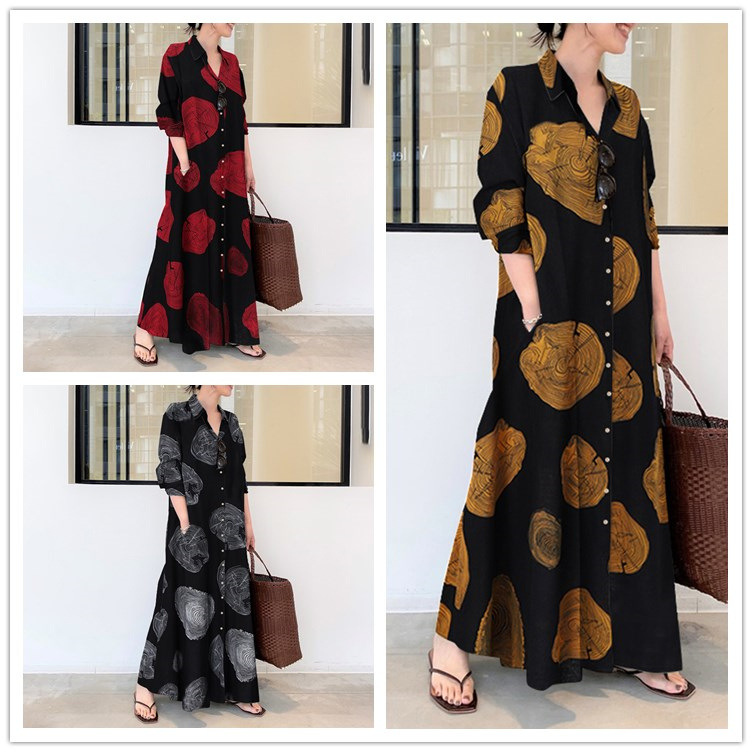 Cotton and Linen Printed Lapel - đánh giá và giá Casual Loose Linen Shirt Dress