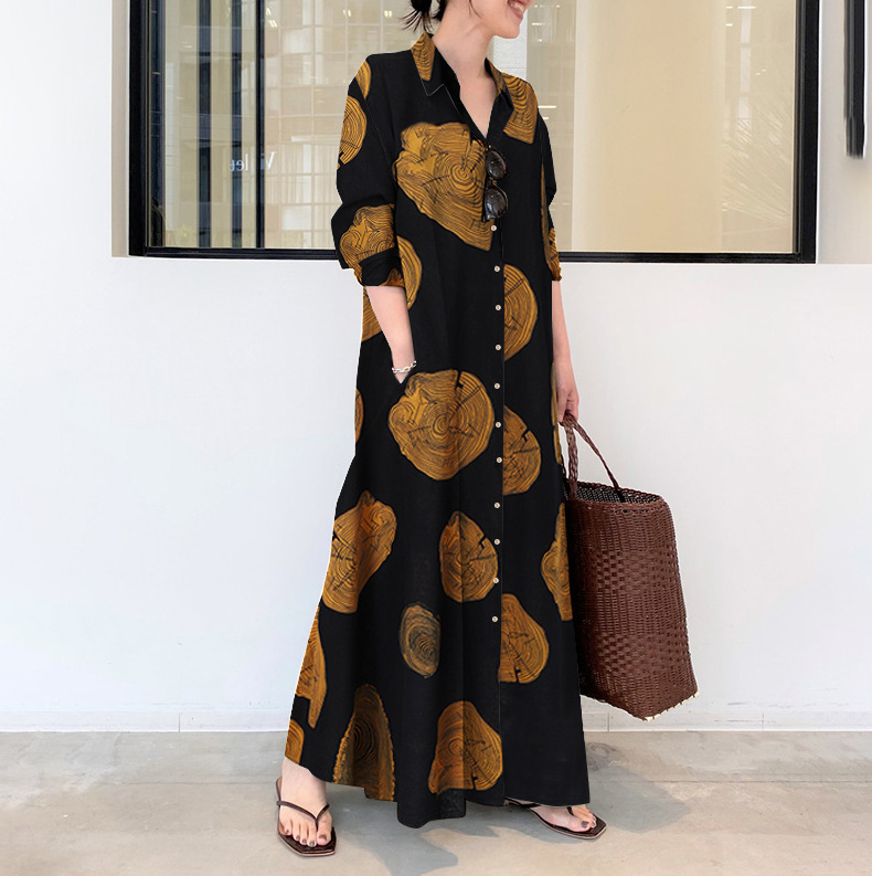 Cotton and Linen Printed Lapel - đánh giá và giá Casual Loose Linen Shirt Dress
