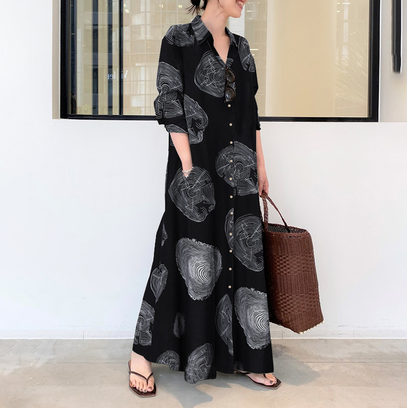 Cotton and Linen Printed Lapel - đánh giá và giá Casual Loose Linen Shirt Dress