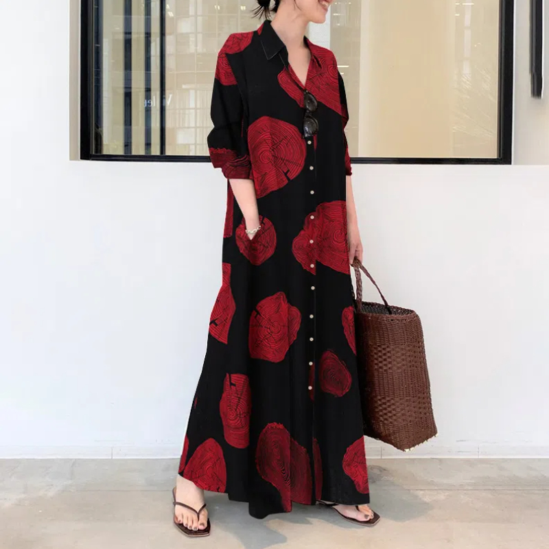 Cotton and Linen Printed Lapel - đánh giá và giá Casual Loose Linen Shirt Dress