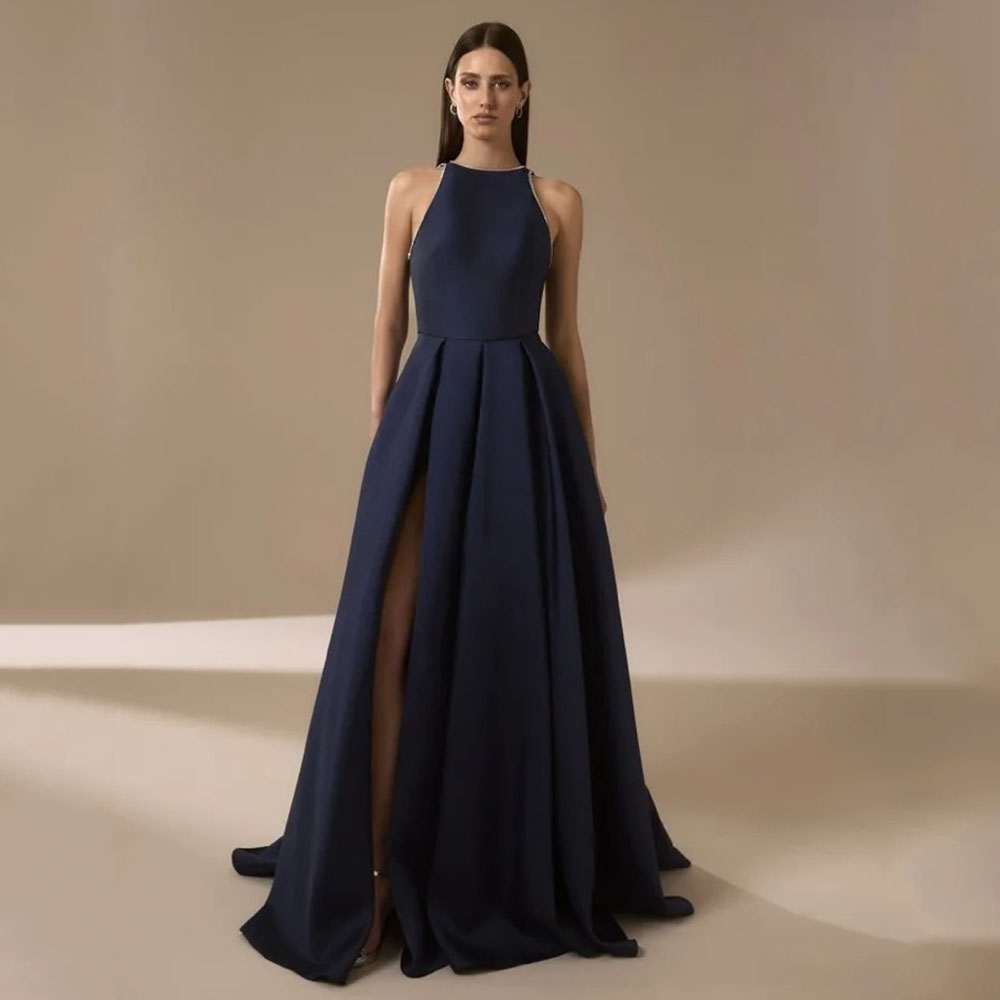 Navy Blue Satin Evening Dresse - đánh giá và giá Elegant Satin Evening Gown Split