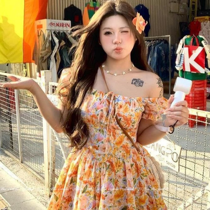 Hotsale Orange Floral Print Of - đánh giá và giá Off Shoulder Puff Sleeve Sundress